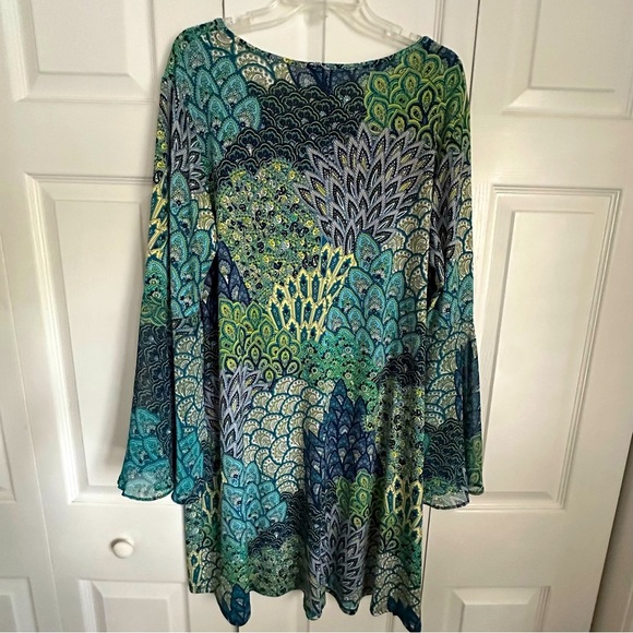 MSK Dress Womens L/XL Boho Tunic 70s Inspired Flowy Retro Bell Sleeve Stretch - Picture 10 of 11